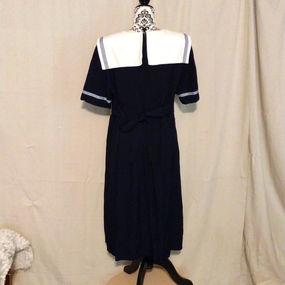 Vintage 80's 90's J.B.S. LTD Navy Blue Sailor Inspired Midi Dress USA Made - Picture 3 of 14